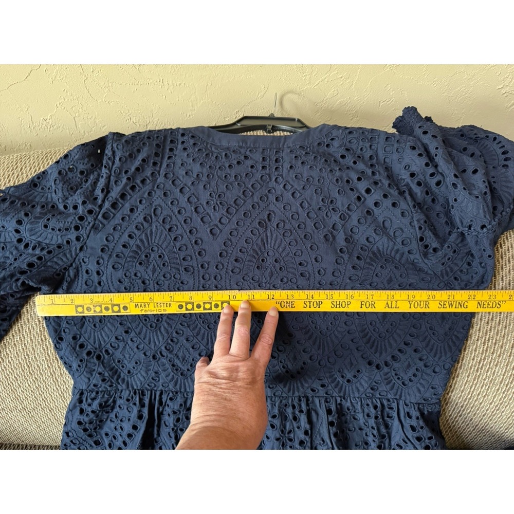 Chico's Navy Blue Eyelet Tiered Dress Size 14 100% Cotton, Lined, V-Neck - Picture 12 of 12